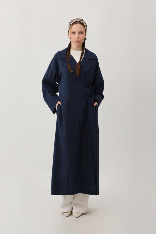 Tie-Waist Linen Trench Coat Navy Blue - 5