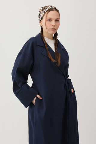 Tie-Waist Linen Trench Coat Navy Blue - 7