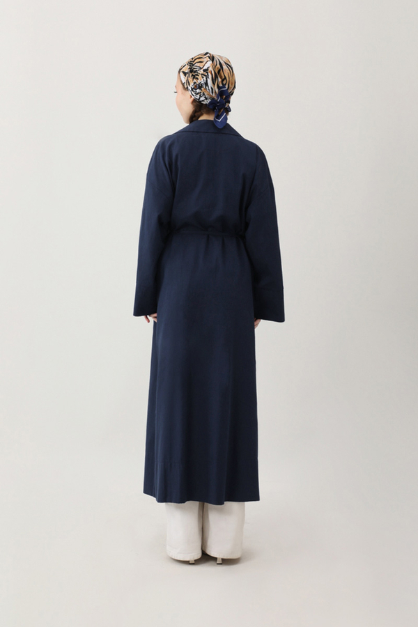 Tie-Waist Linen Trench Coat Navy Blue - 14
