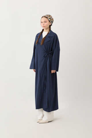 Tie-Waist Linen Trench Coat Navy Blue - 8