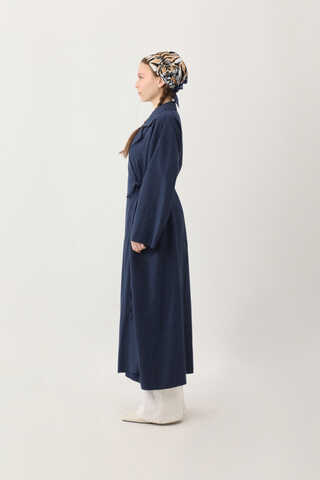 Tie-Waist Linen Trench Coat Navy Blue - 9