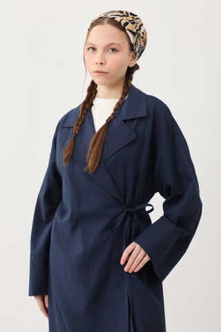 Tie-Waist Linen Trench Coat Navy Blue - 10