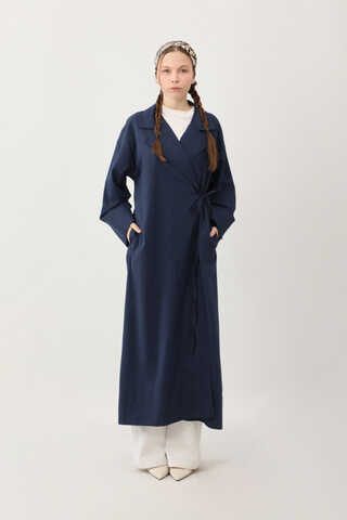 Tie-Waist Linen Trench Coat Navy Blue - 12