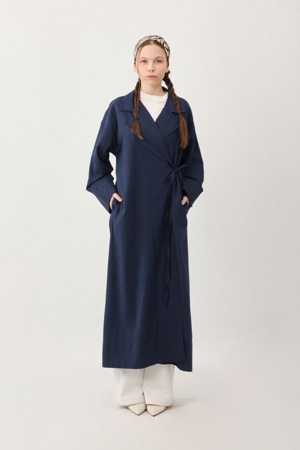 Tie-Waist Linen Trench Coat Navy Blue - 12
