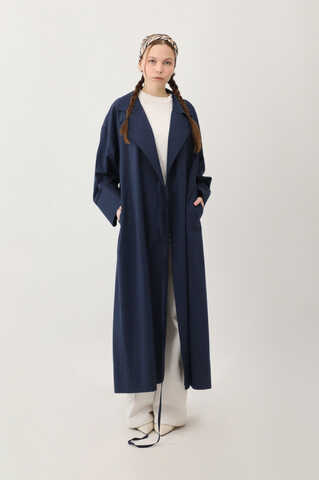 Tie-Waist Linen Trench Coat Navy Blue - 13