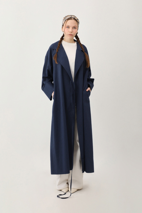 Tie-Waist Linen Trench Coat Navy Blue - 13