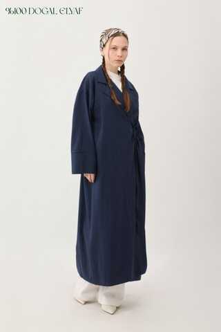 Tie-Waist Linen Trench Coat Navy Blue - 1