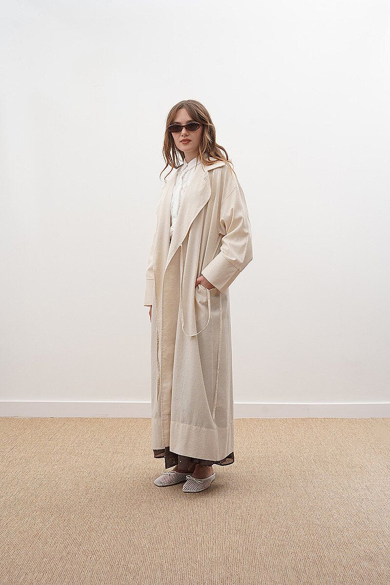 Tie-Waist Linen Trench Coat Stone