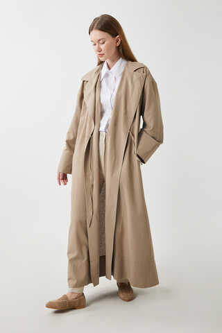 Tie-Waist Linen Trench Coat Taupe - 2