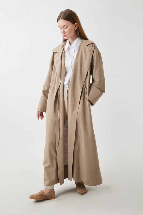 Tie-Waist Linen Trench Coat Taupe - 2