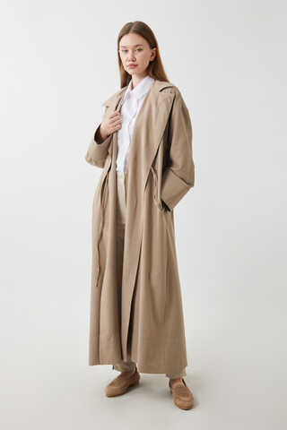 Tie-Waist Linen Trench Coat Taupe - 3