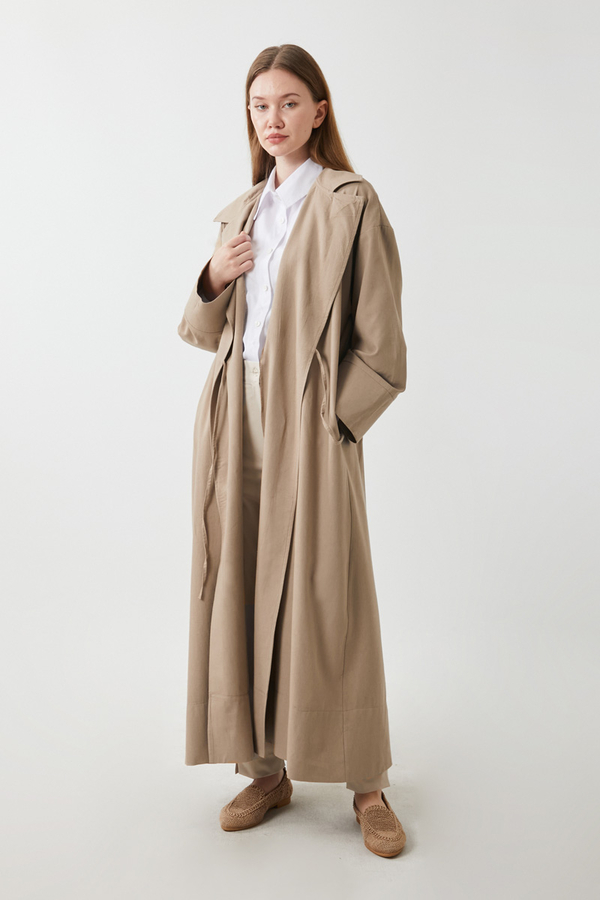 Tie-Waist Linen Trench Coat Taupe - 3