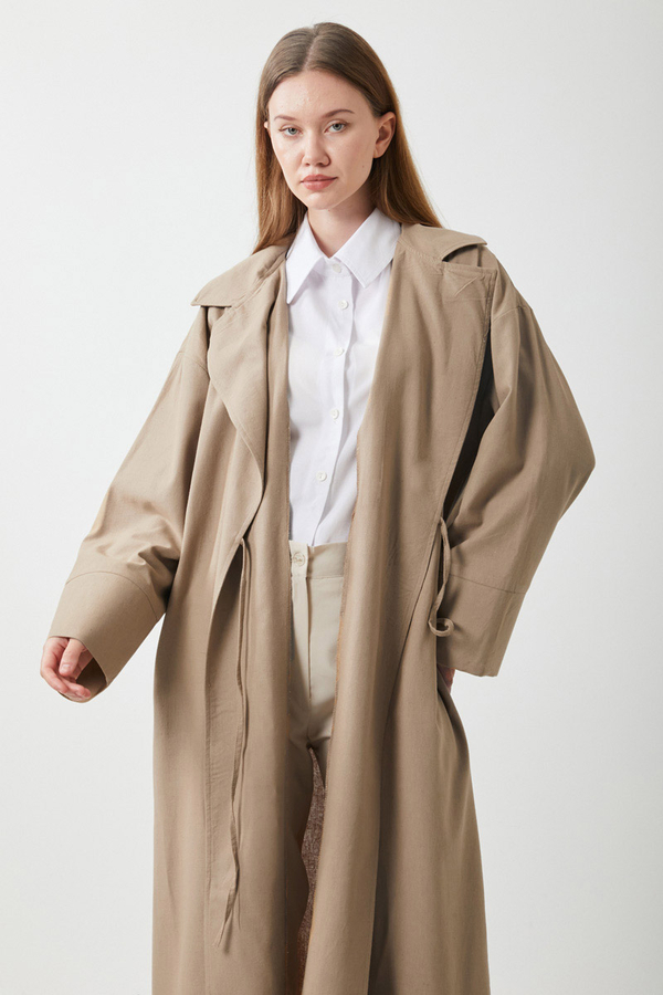 Tie-Waist Linen Trench Coat Taupe - 4