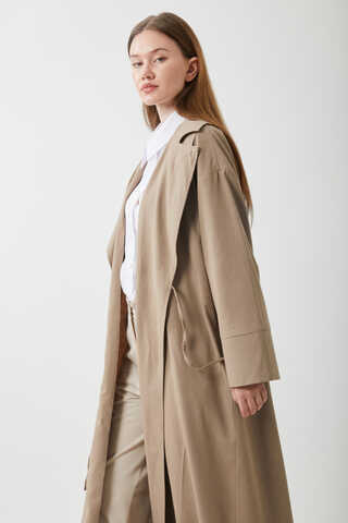 Tie-Waist Linen Trench Coat Taupe - 5