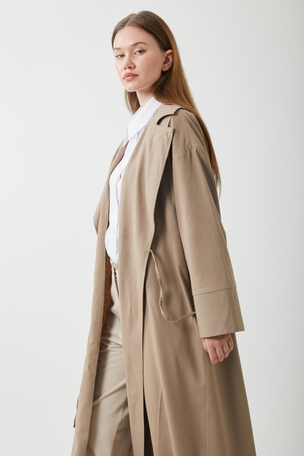 Tie-Waist Linen Trench Coat Taupe - 5