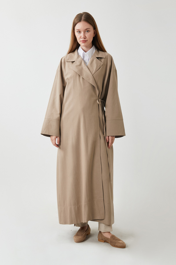 Tie-Waist Linen Trench Coat Taupe - 6