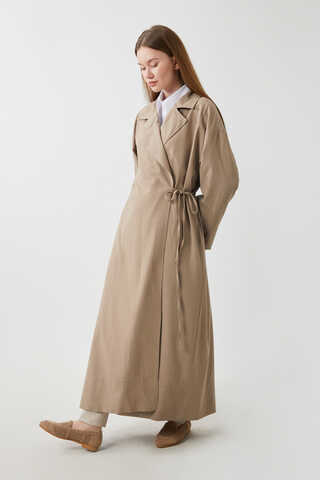 Tie-Waist Linen Trench Coat Taupe - 7