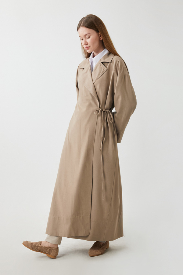 Tie-Waist Linen Trench Coat Taupe - 7