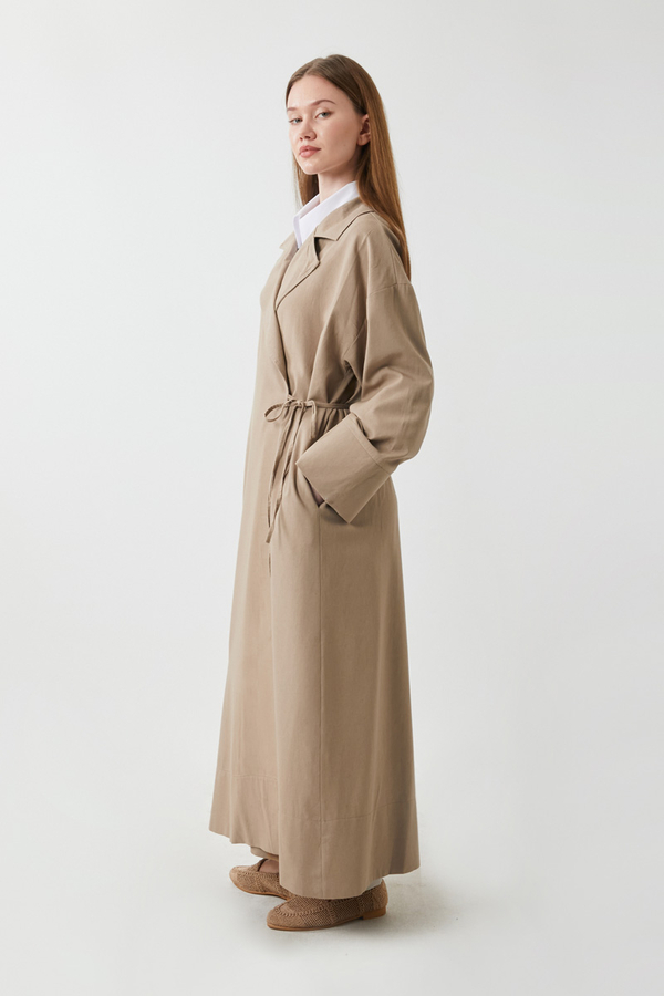 Tie-Waist Linen Trench Coat Taupe - 8