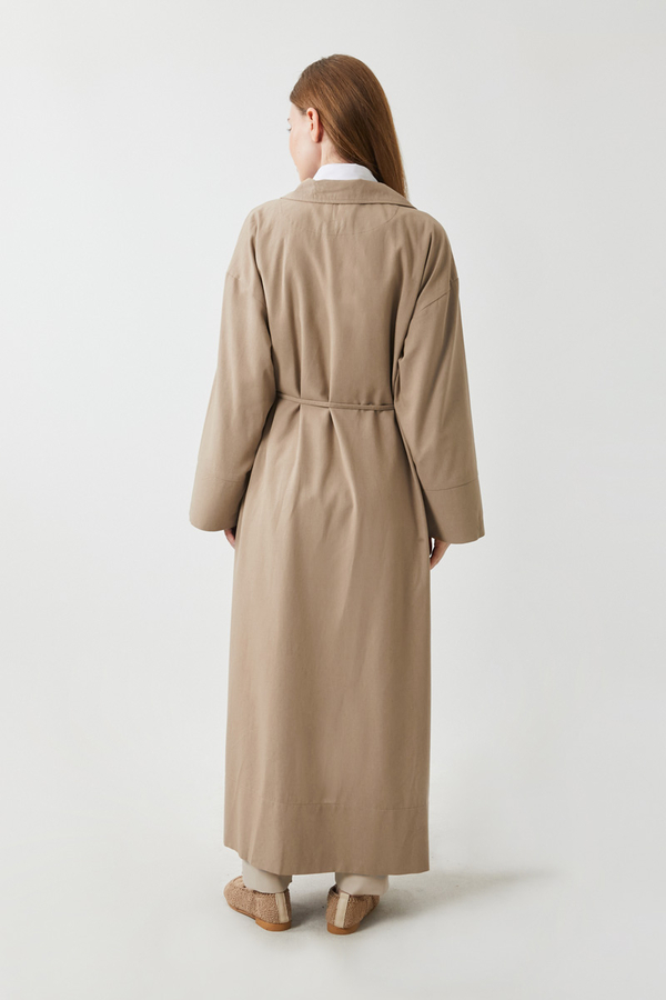 Tie-Waist Linen Trench Coat Taupe - 9
