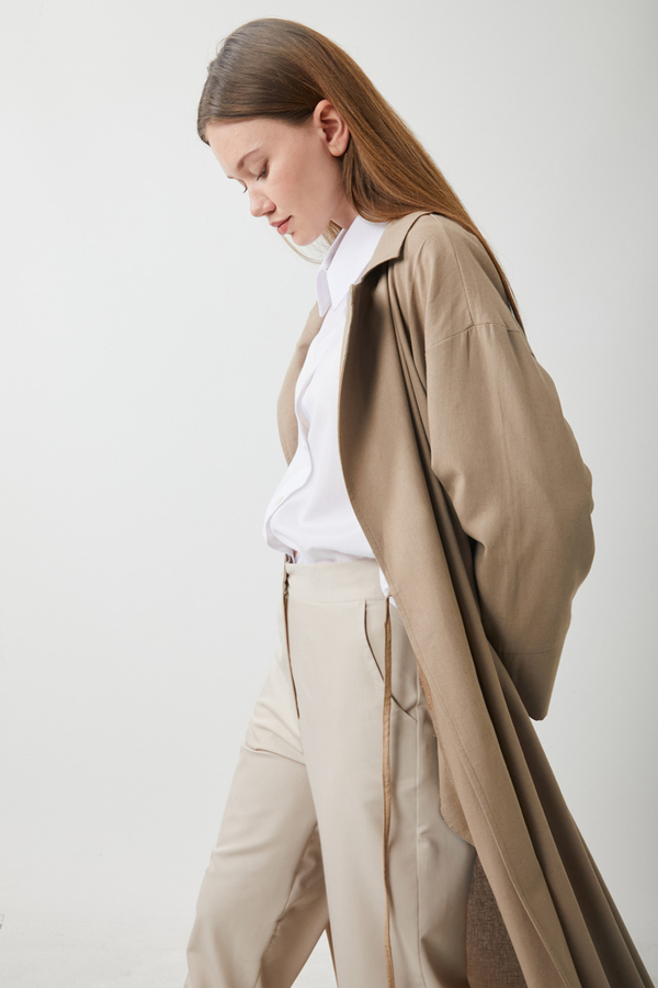 Tie-Waist Linen Trench Coat Taupe - 12