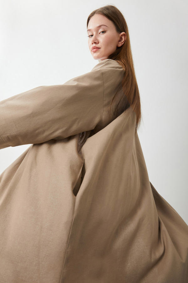 Tie-Waist Linen Trench Coat Taupe - 13