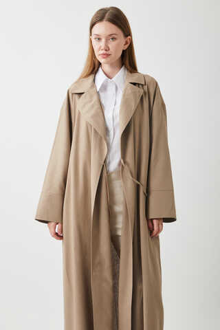 Tie-Waist Linen Trench Coat Taupe - 14