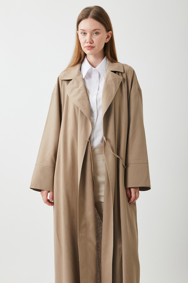 Tie-Waist Linen Trench Coat Taupe - 14