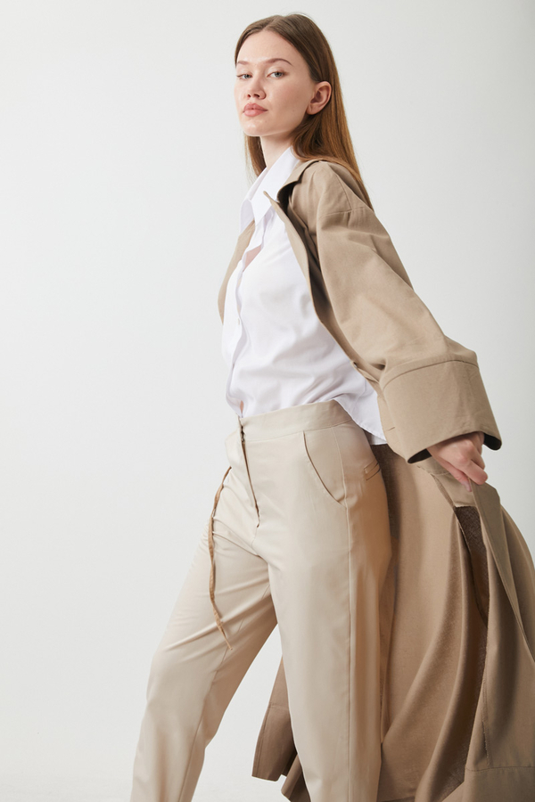 Tie-Waist Linen Trench Coat Taupe - 15