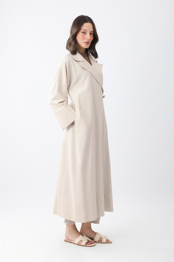 Bağlamalı Keten Trençkot Beyaz - 4