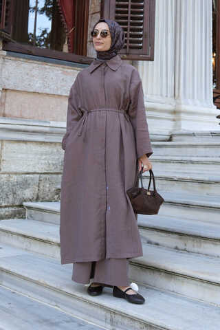 Tie-Waist Long Tunic Set Brown - 1