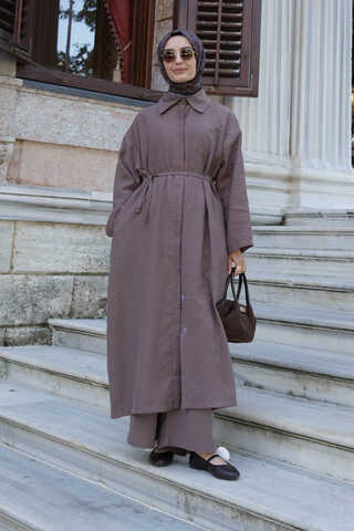 Tie-Waist Long Tunic Set Brown - 2