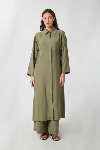Tie-Waist Long Tunic Set Khaki - 2
