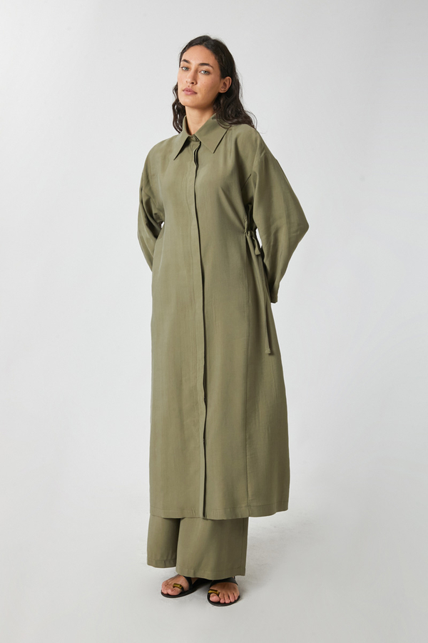 Tie-Waist Long Tunic Set Khaki - 5