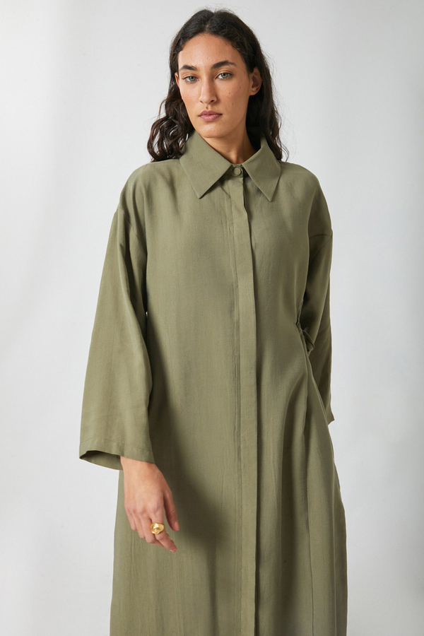 Tie-Waist Long Tunic Set Khaki 