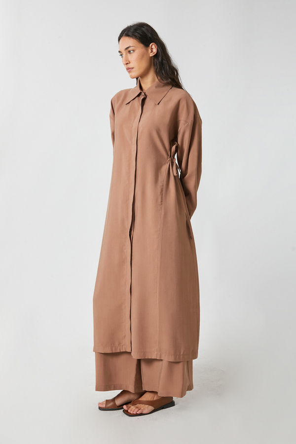 Tie-Waist Long Tunic Set Light Tan 
