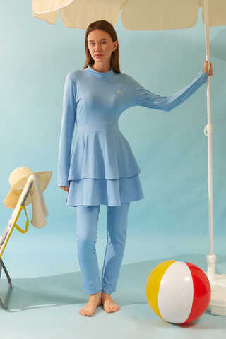 Tiered Skirt Swimsuit Set Baby Blue - 14