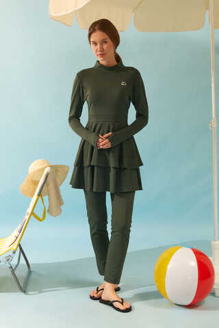 Tiered Skirt Swimsuit Set Khaki - 3