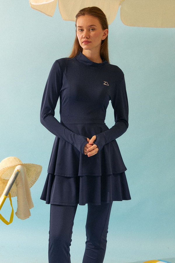 Tiered Skirt Swimsuit Set Navy - 4