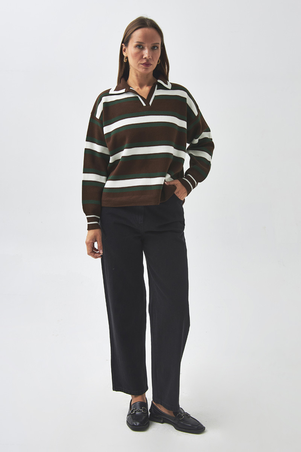 triped Polo Sweater Brown - 3