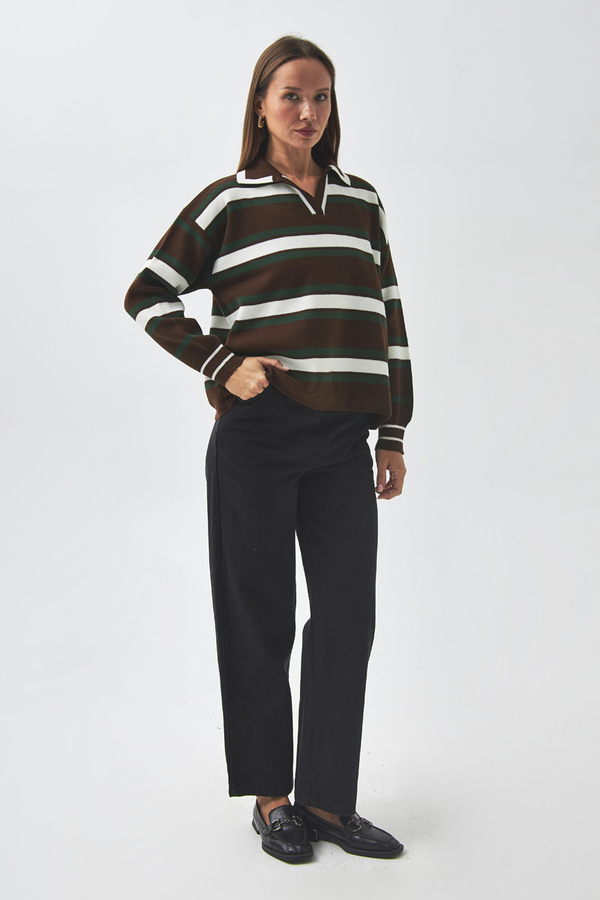 triped Polo Sweater Brown - 5