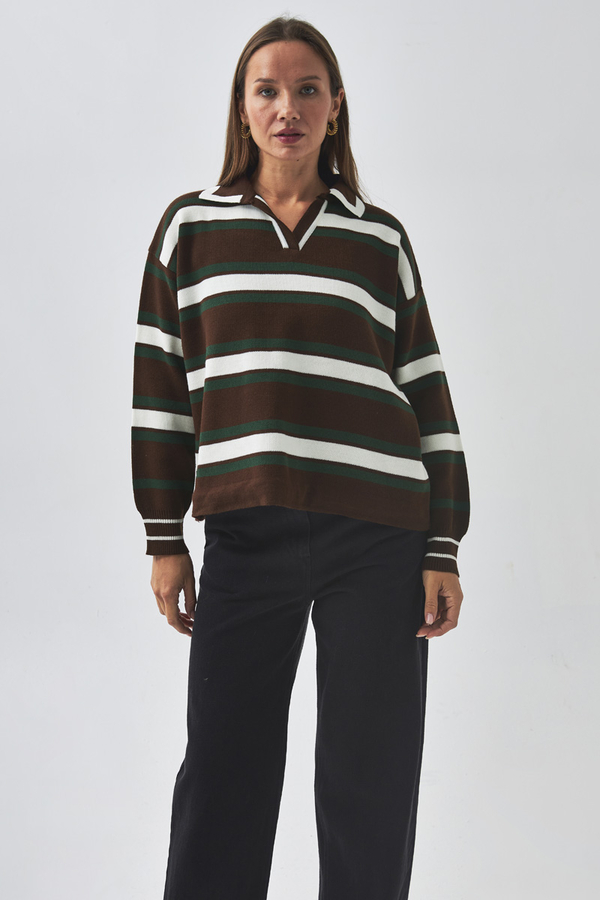 triped Polo Sweater Brown - 10