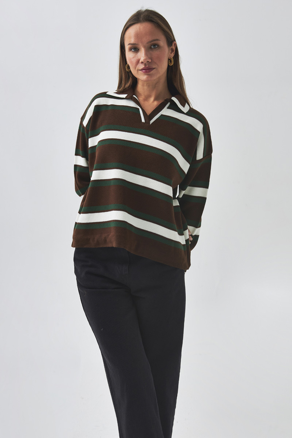 triped Polo Sweater Brown - 11