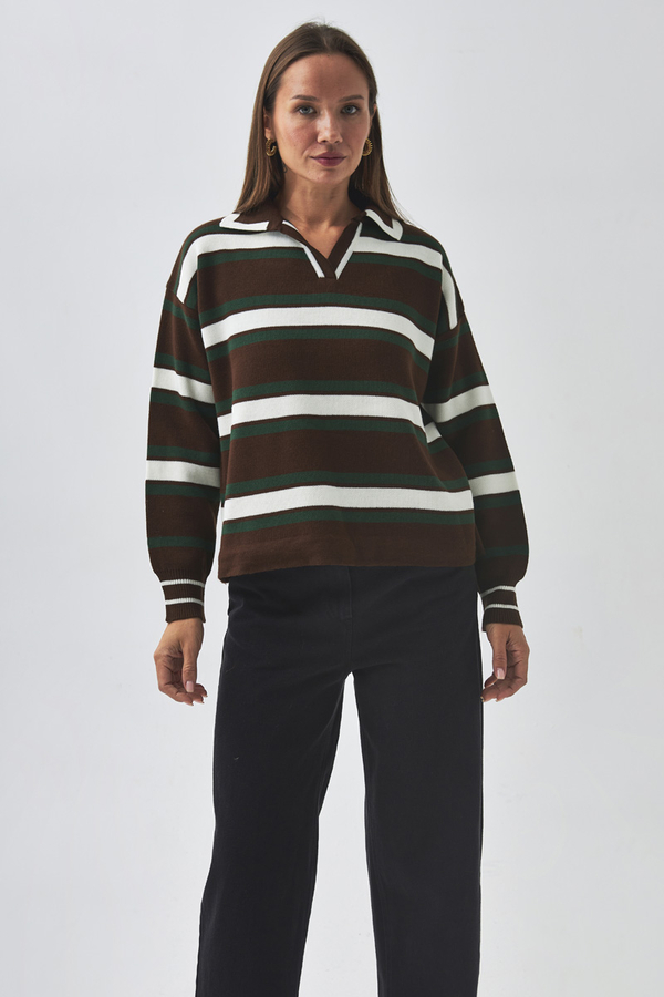 triped Polo Sweater Brown - 12