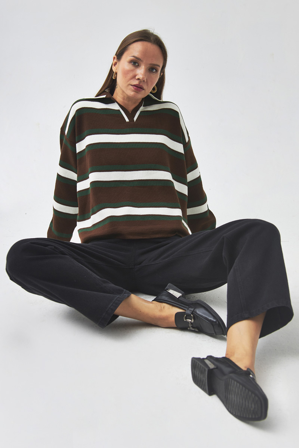 triped Polo Sweater Brown - 13