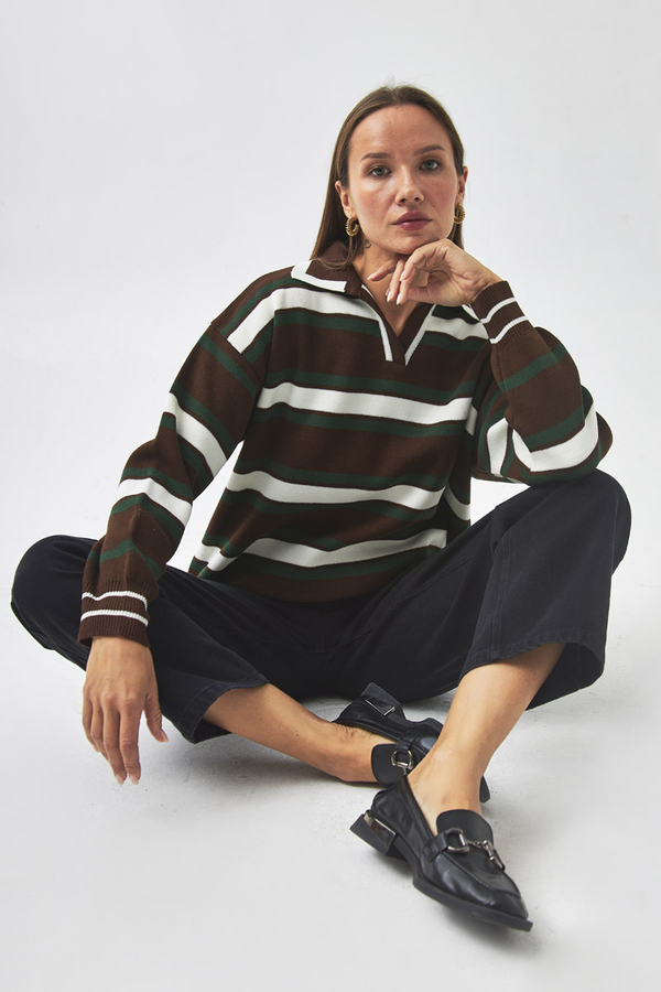 triped Polo Sweater Brown - 4
