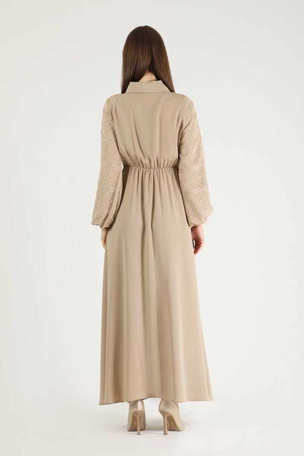 Tül Detaylı Elbise Bej - 5