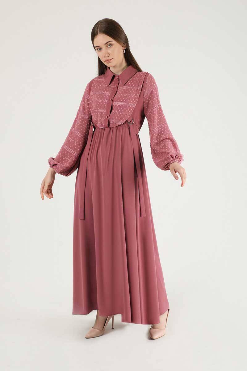 Tül Detaylı Elbise Gül Kurusu