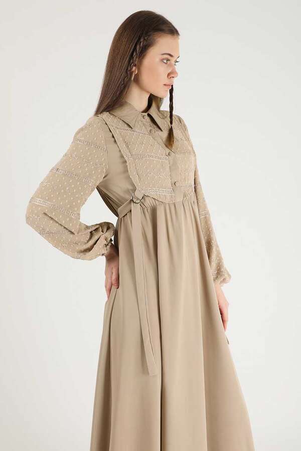 Tulle Detailed Dress Beige - 4