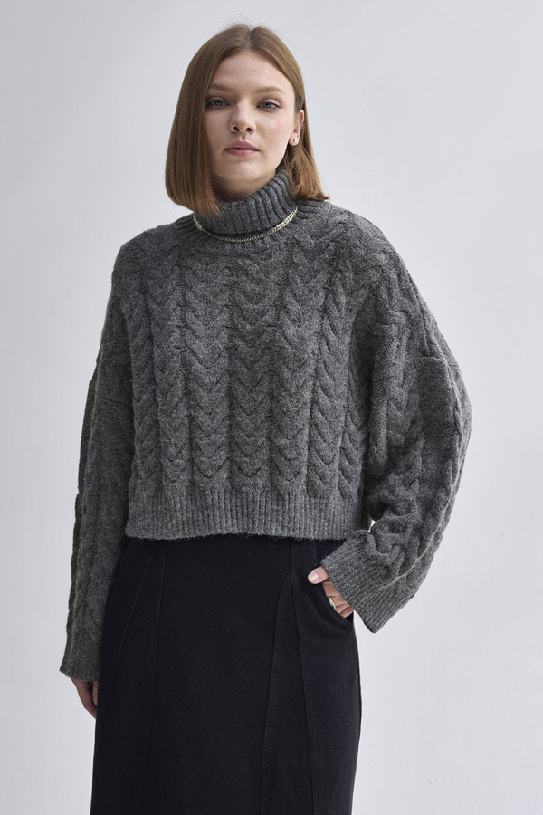 Turtleneck Crop Knit Sweater Anthracite - 6